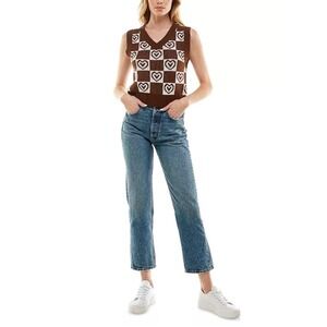 Y2K No Comment Women M Sweater Vest Junior Brown Checkered Heart Academia Preppy